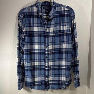 Lands' End Men's Navy and White Plaid Flannel Shirt